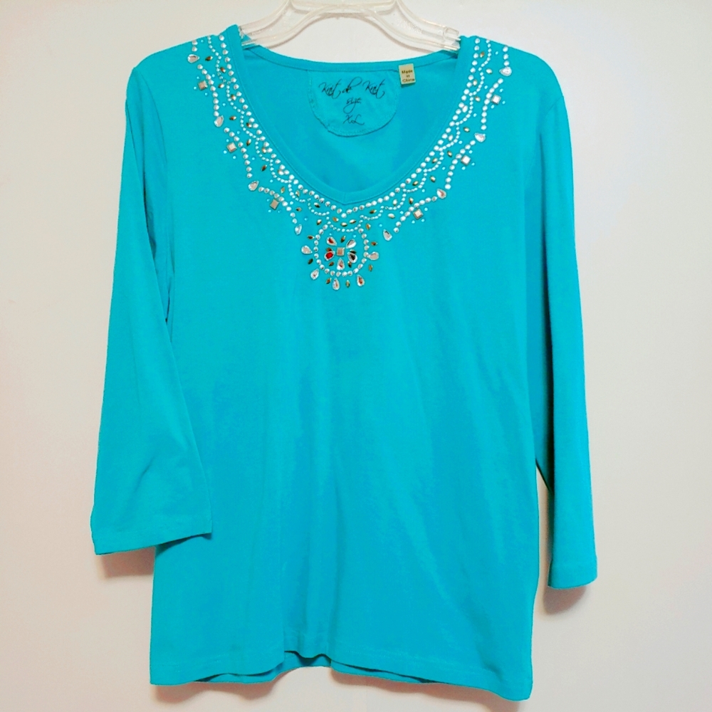 Knit de Knit Women's Pastel Blue Rhinestone Embellished Long Sleeve T Shirt XL